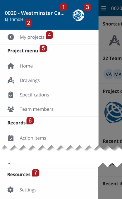 Project menu after opening a project